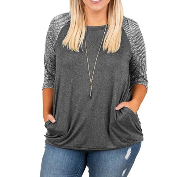 Tops - Raglan 3/4” Sleeve Striped T-shirt w/ Pockets